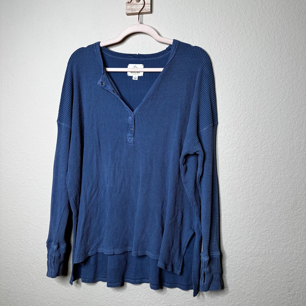 OFFLINE by Aerie Blue Waffle Knit Henley Top Long Sleeve Thumbholes Large